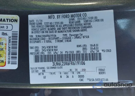 2015 Lincoln Mkz z USA, uszkodzony, nr VIN 3LN6L2JK6FR619106